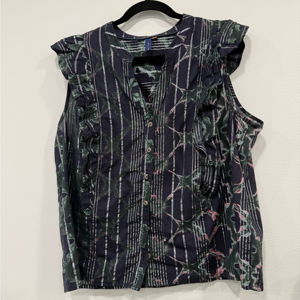 Pilcro Navy Floral-Striped Ruffle Sleeve Button Front Blouse